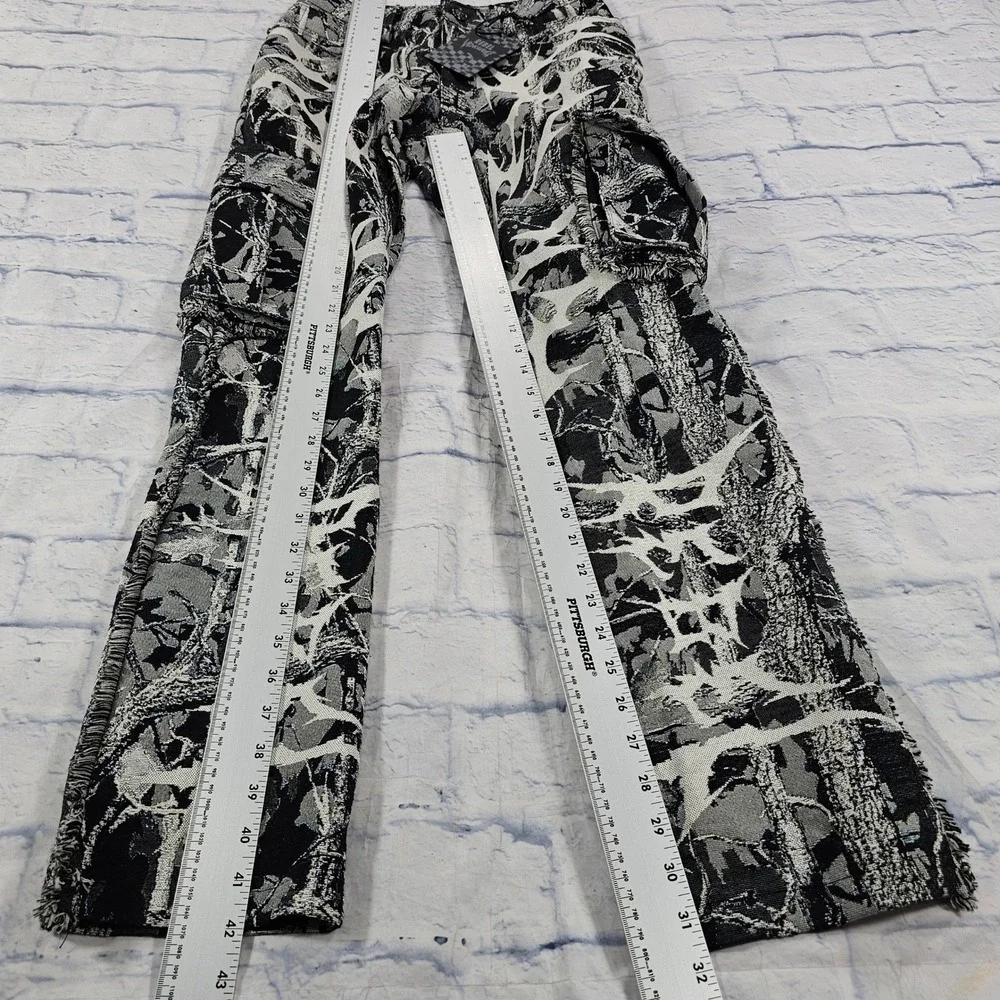Rebel Vengeance Tapestry Cargo Pants Mens 28 Black White Tree Print Frayed Hem
